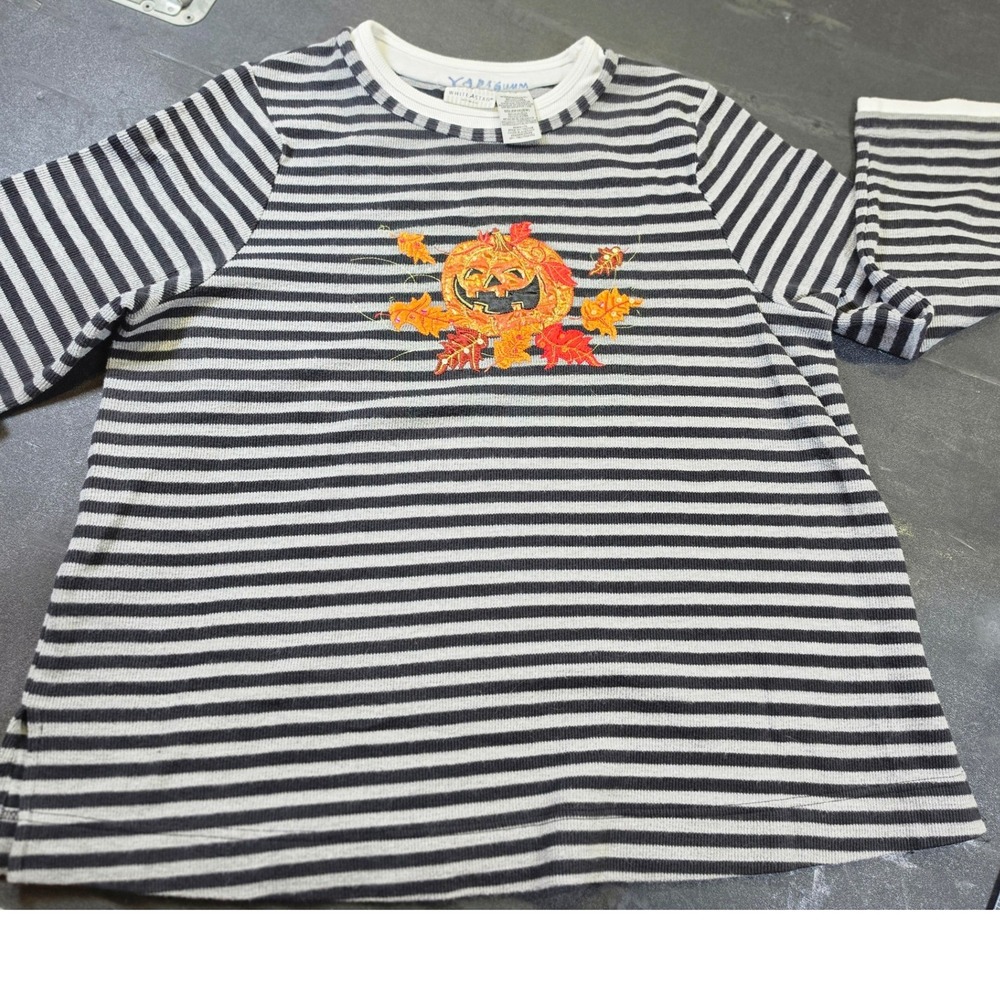 White Stag Woman Halloween Pumpkin Striped Shirt Black Heather 1X 16W WS735240B